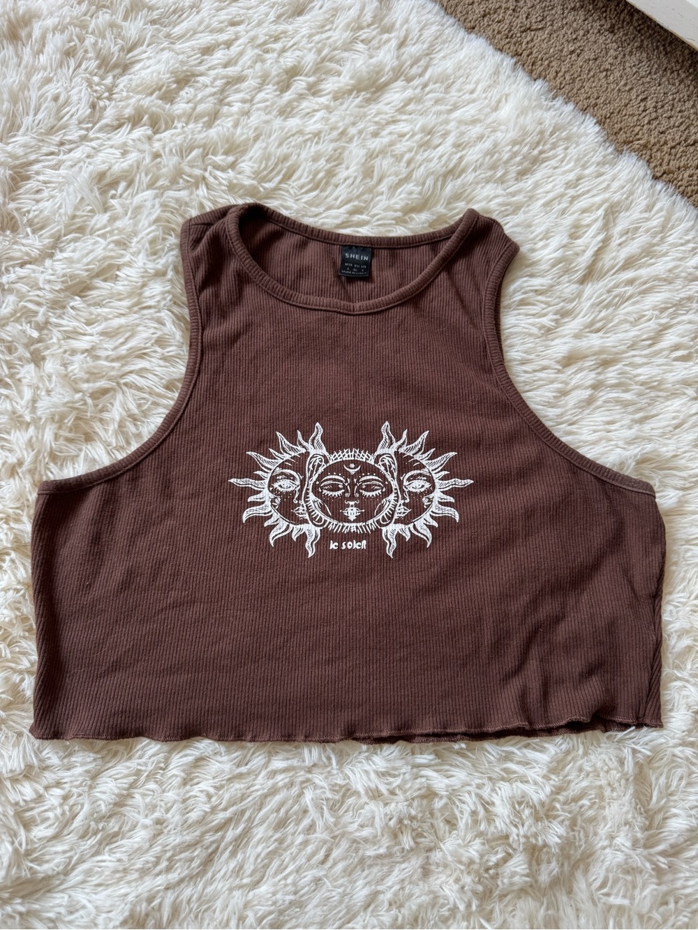 Chocolate Brown Ribbed Tank with White Sun Graphic
